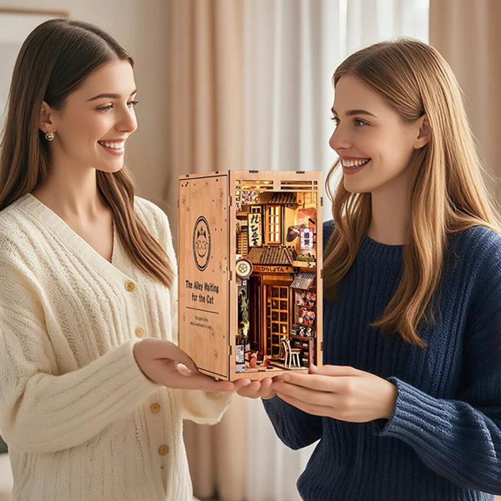 OUZEY 북 누크 DIY 키트 - 고양이 애호가를 위한 고양이 피규어가 포함된 '골목 고양이의 길' 미니어처 하우스 모델, 창의적인 선반 장식 선물