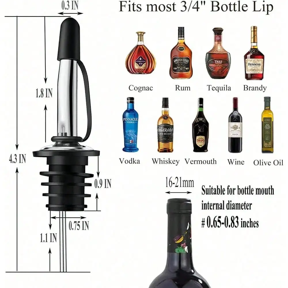6 Pack Liquor Bottle Pourers, Liquor Pour Spout For Liquor Bottles, Stainless Steel Olive Oil Dispenser Spout, Alcohol Pourer Spouts Dust Caps Covers Fixed, Sliver
