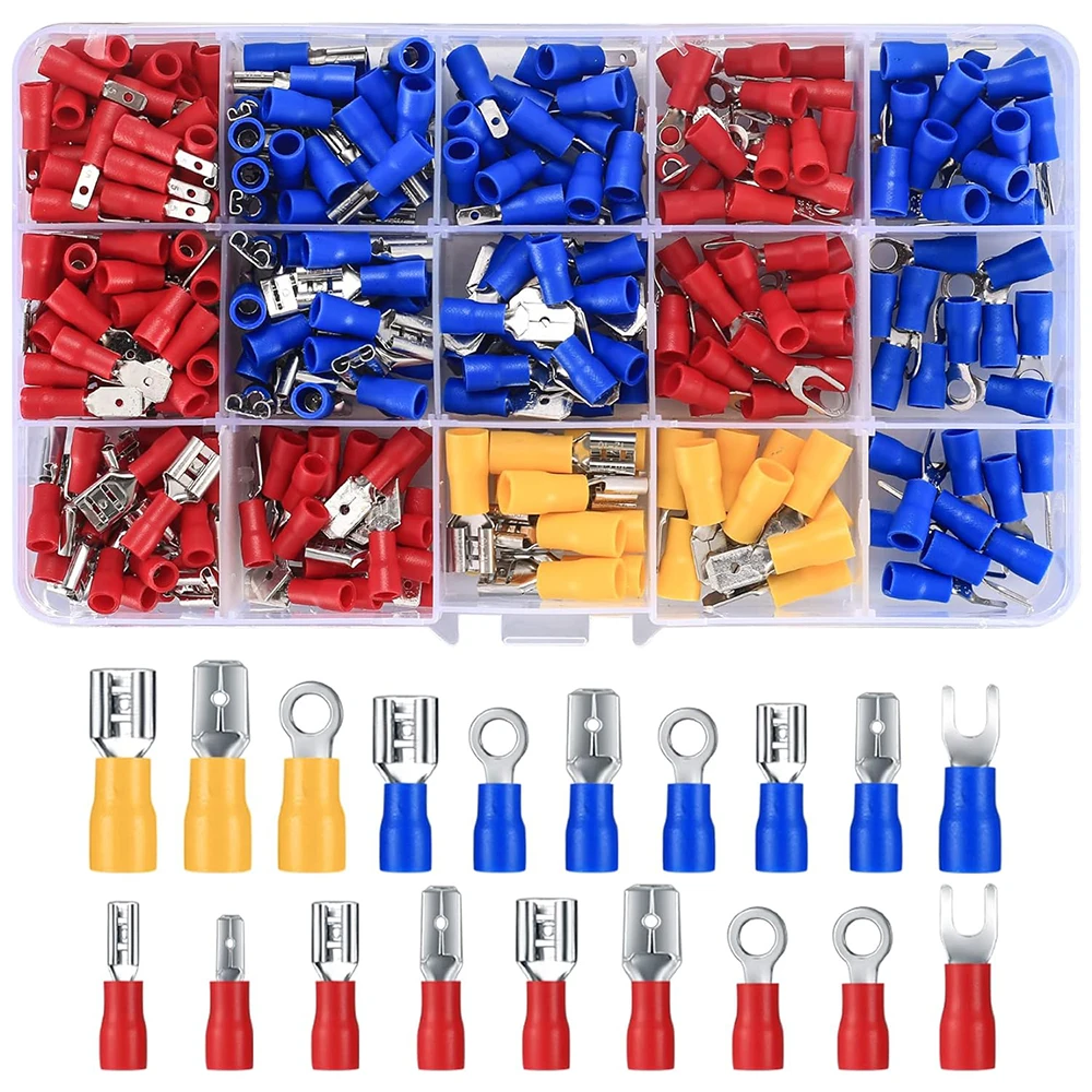 

300 insulated wire and cable electrical connectors, fork ring spade docking quick disconnect crimping terminal block group