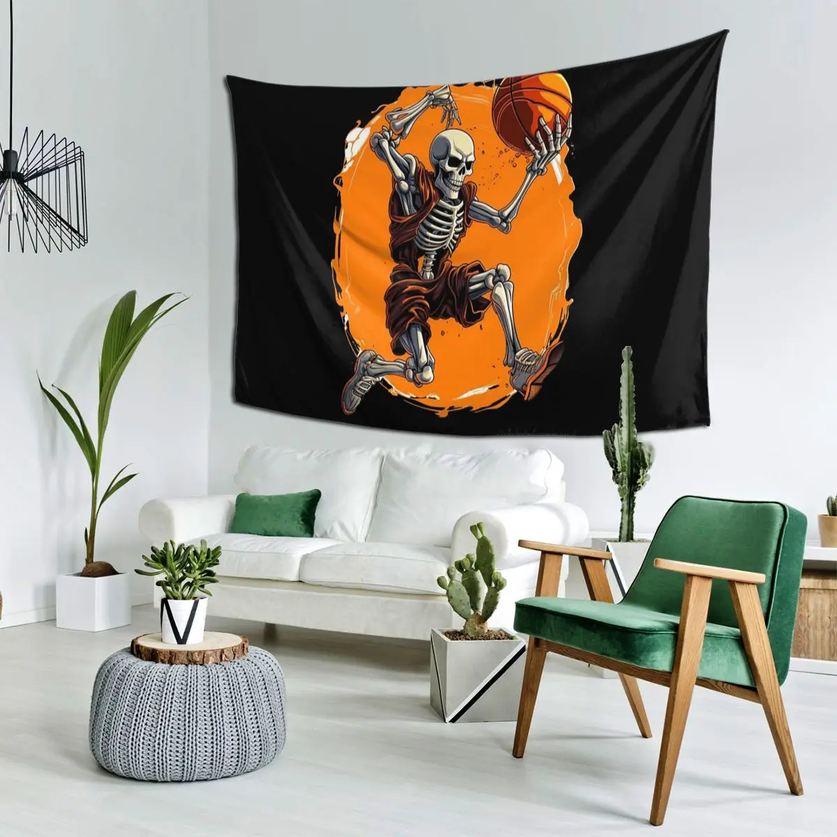 Skeleton Basketball Halloween Tapestry Funny Wall Hanging Aesthetic Home Decor Tapestries for Living Room Bedroom Dorm Room