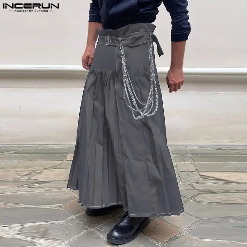 

INCERUN 2024 Handsome New Men Pantalons Pleated Design Half Skirts Trousers Streetwear Male Solid Color Wide Leg Long Pant S-5XL