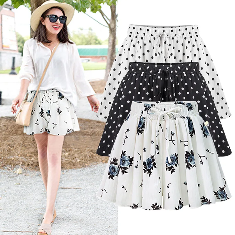 Summer Chiffon Shorts for Women High Waist Loose Dot Floral Casual for Office Lady White Black