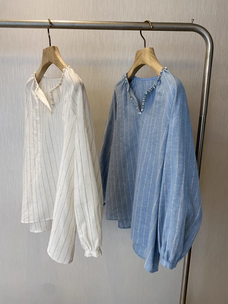 

Богемная полосатая рубашка с v-образным вырезом и бисером для женщин, весенне-осенняя свободная льняная рубашка с длинными рукавами, блузки, повседневный пляжный топ для отдыха