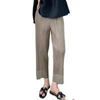 Miyake Pleated Straight Leg Pants, Women's Elastic Waist Cropped Pants, Casual and Versatile Small Leg Pants - Image 5