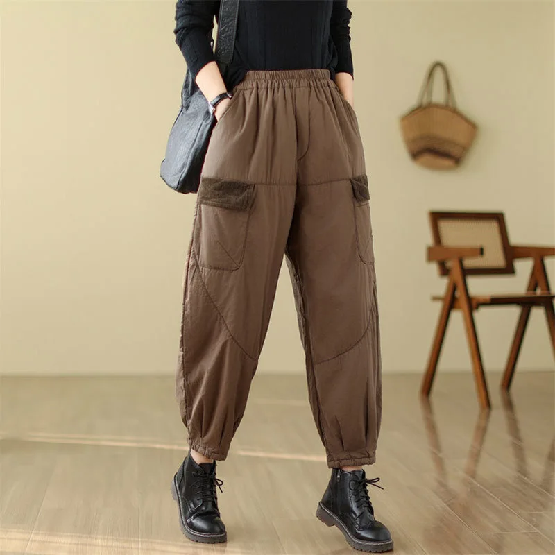 

2023 Autumn And Winter Pants Pockets Literature Art Vintage Large Size Loose Thickened Casual Cotton Trousers Woman Z3600