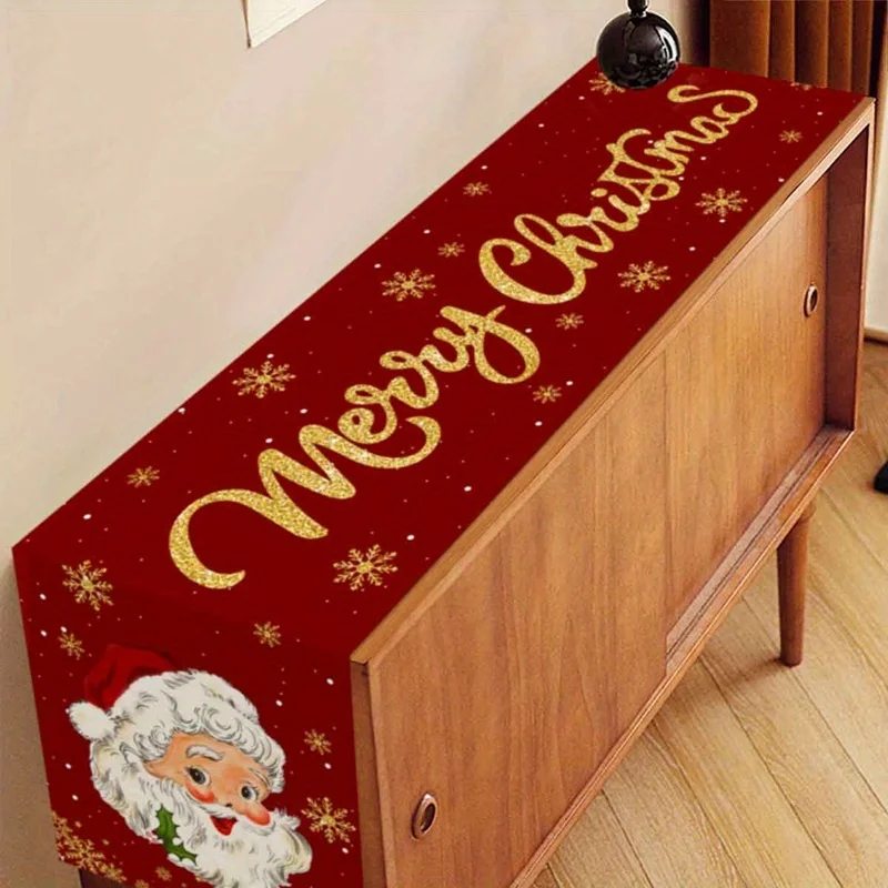 Vintage Christmas Table Runner, Santa Snowflake Print, Farmhouse Table Runner for Dining Table, Xmas Family Decor