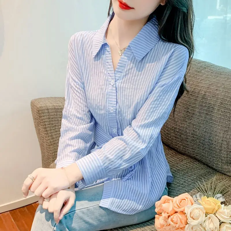 Spring Autumn New Fashion Striped Shirts Women's Clothing POLO Collar Long Sleeve Dovetail Slim Korean Lacing Simplicity Tops
