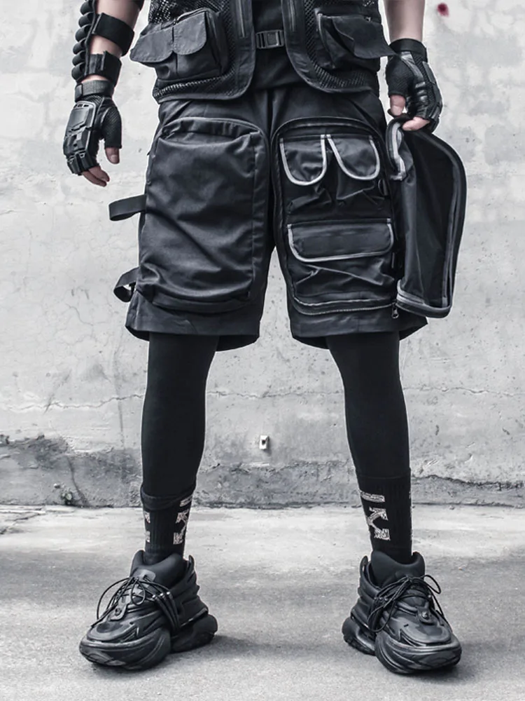 Dark Heavy Industry Style Casual Loose Men's Shorts with Big Pocket Design Belted Summer Trend Polyester Fiber Workwear Pants