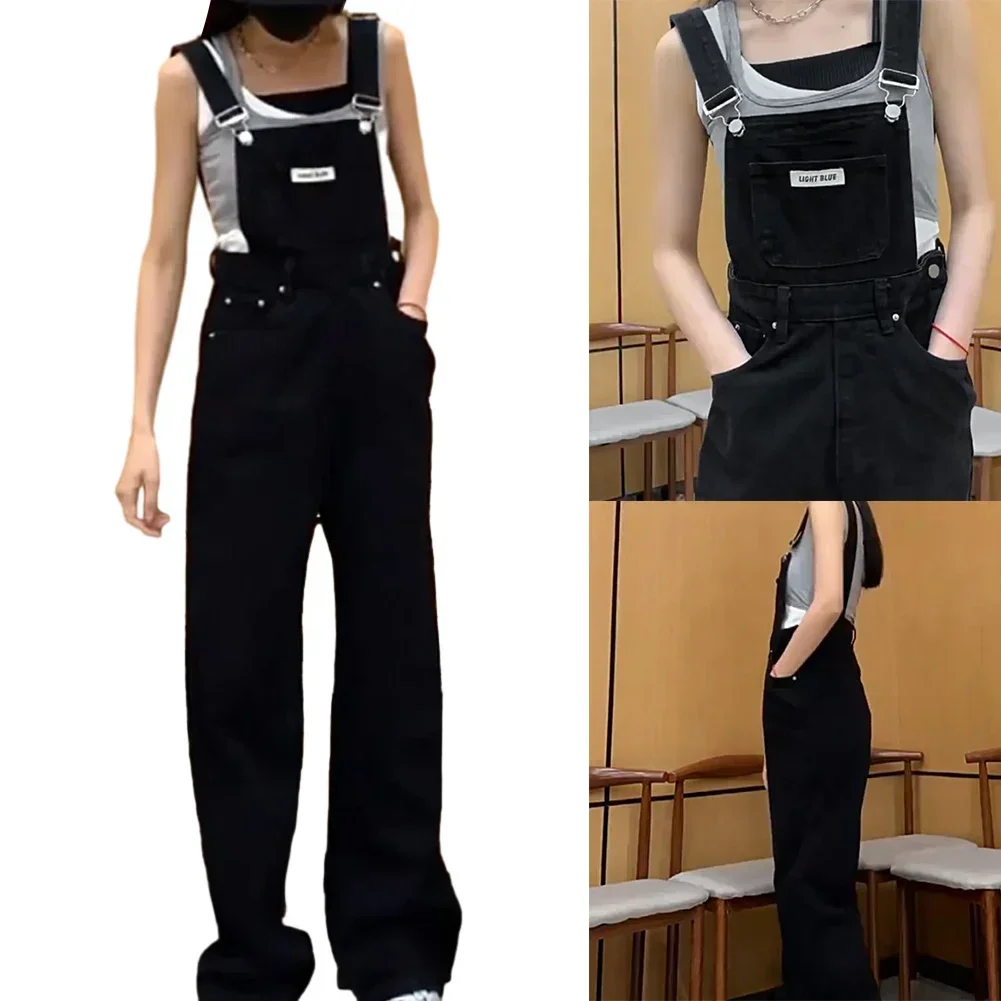 

Black Solid Color Jumpsuits For Women Loose Vintage Streetwear Wide Leg Jumpsuits Ladies Denim-Overalls Spliced Streetwear