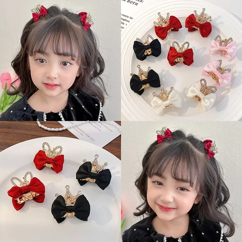 2PC Pink Bows Princess Rhinestone Crown Hair Claw Clips Bowknot Hairpin Kids Barrette Korean Hair Accessories