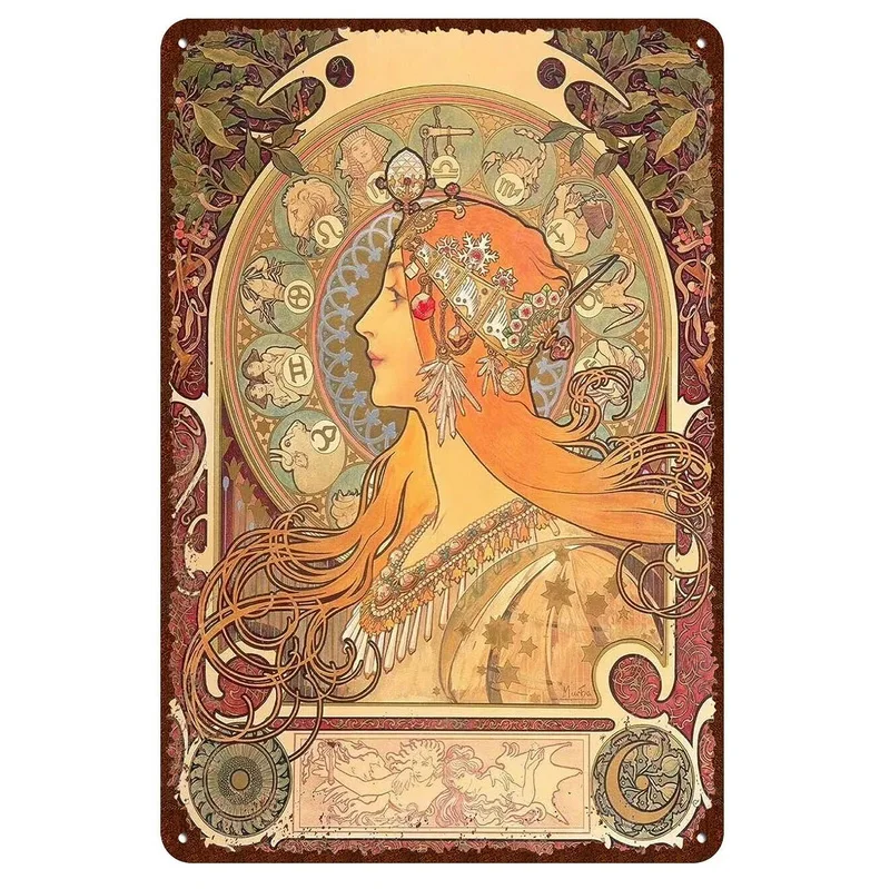 Znaki na metalowej blaszce w stylu Vintage piękno-Art Nouveau dekoracyjne znaki cztery pory roku-ilustracja dziewczyna wystrój Retro ściana znaki