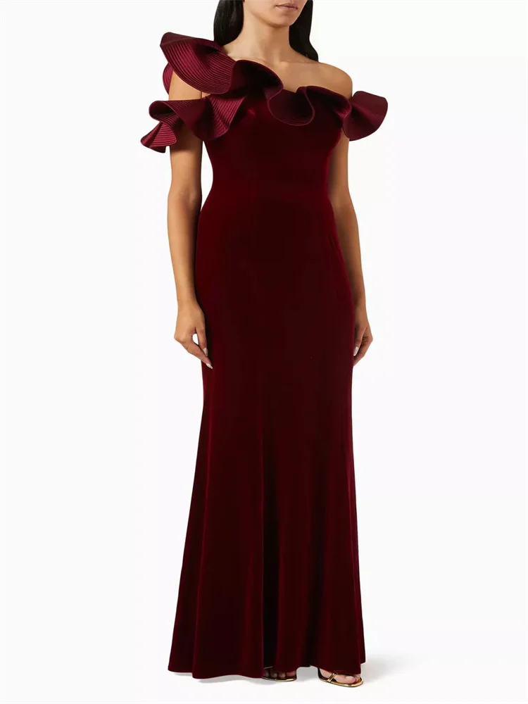 

Hot Selling One Shoulder Neckline Ruffle Details Velvet Mermaid Evening Dress Sexy Back Zipper Floor Length Gown For Women 2024