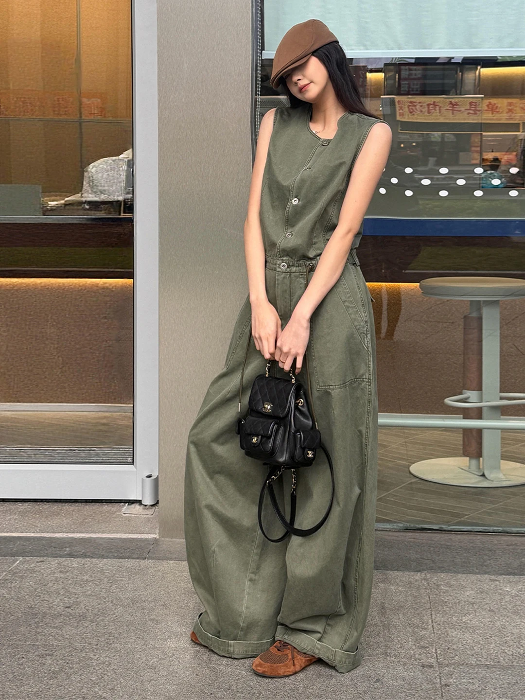 

High Waist Drawstring Waist Green Jumpsuit Women's Summer Slim Fit Sleeveless Overalls American Hot Girl Style Wide Leg Pants