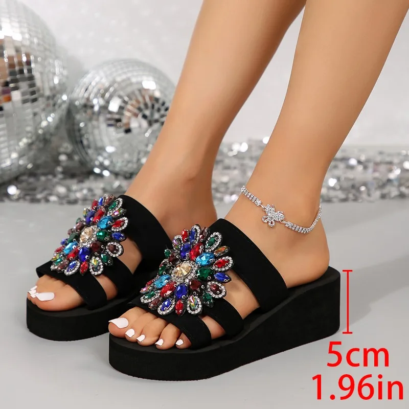 New Colorful Diamond Thick Soled Slippers with Fashionable Round Toe Hollow Out Anti Slip Sloping Heels