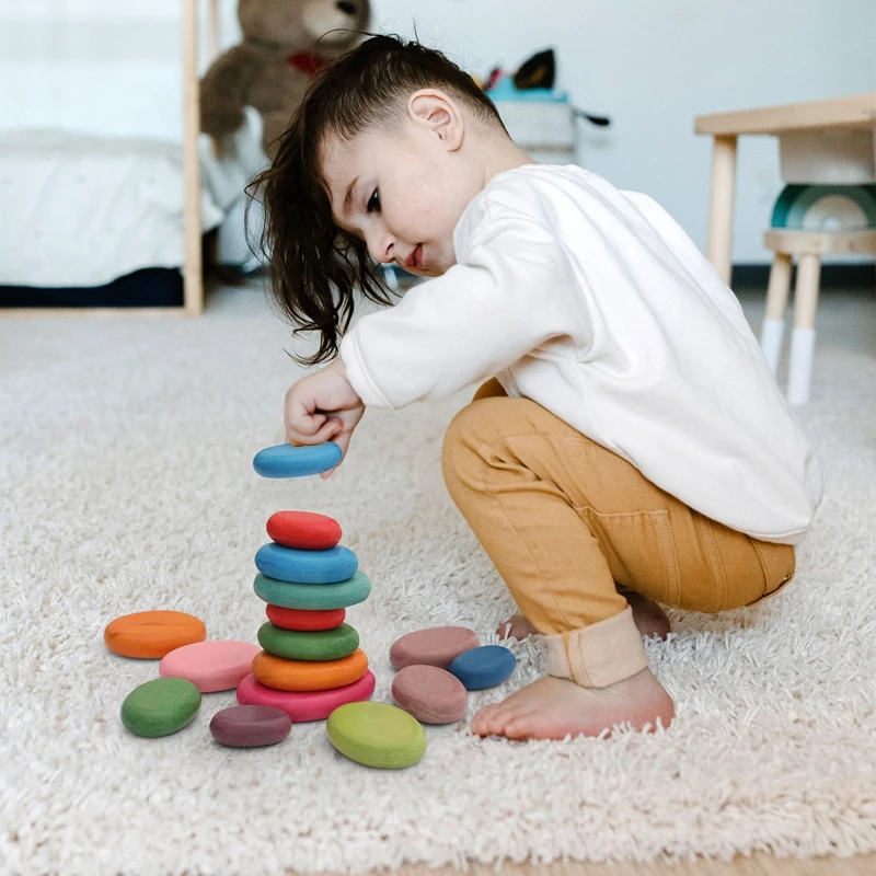 Wooden Montessori Toy Rainbow Stacked Stone Toy BO BPA Colorful Baby Education Sensory Balance Game Building Block Toy Baby Gift