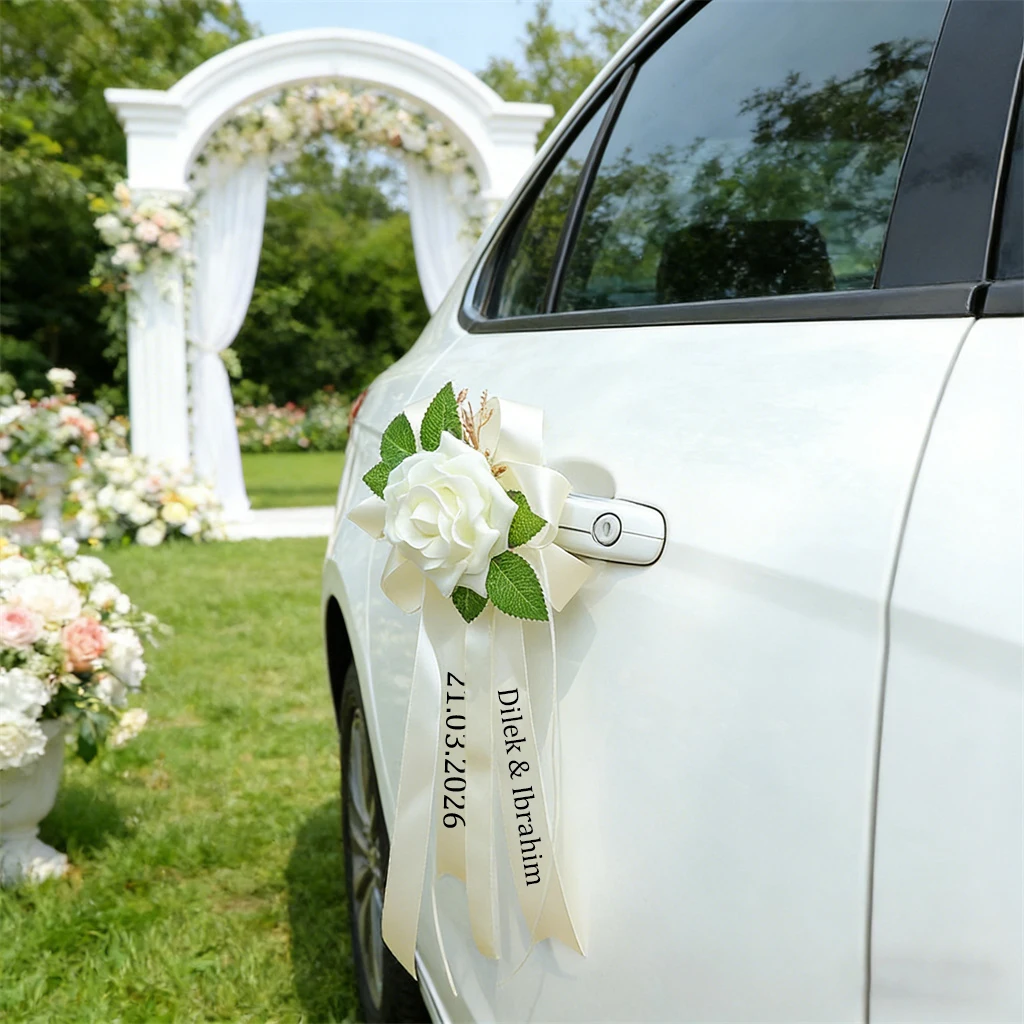 Custom European Style Wedding Car Bow Rearview Mirror Wedding Decoration Door Handle Strap Simulated Rose Custom Bow And Ribbon image 3