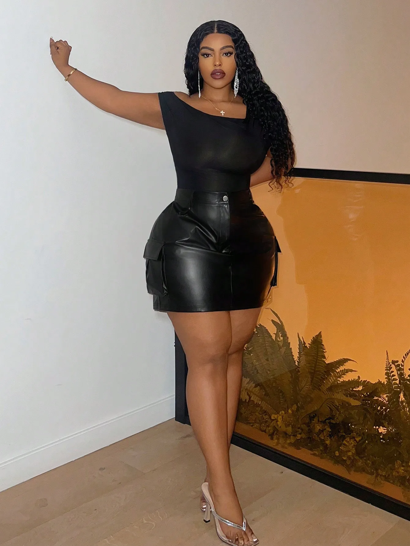 Übergröße PU-Leder Cargo-Minirock mit Taschendetails