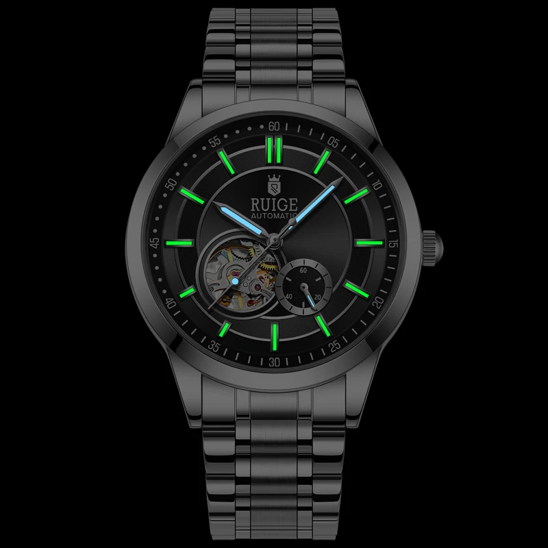 ساعة RUIGE ميكانيكية أوتوماتيكية بتصميم مجوف وحزام من الفولاذ المقاوم للصدأ، ساعة يد رجال الأعمال العصرية.