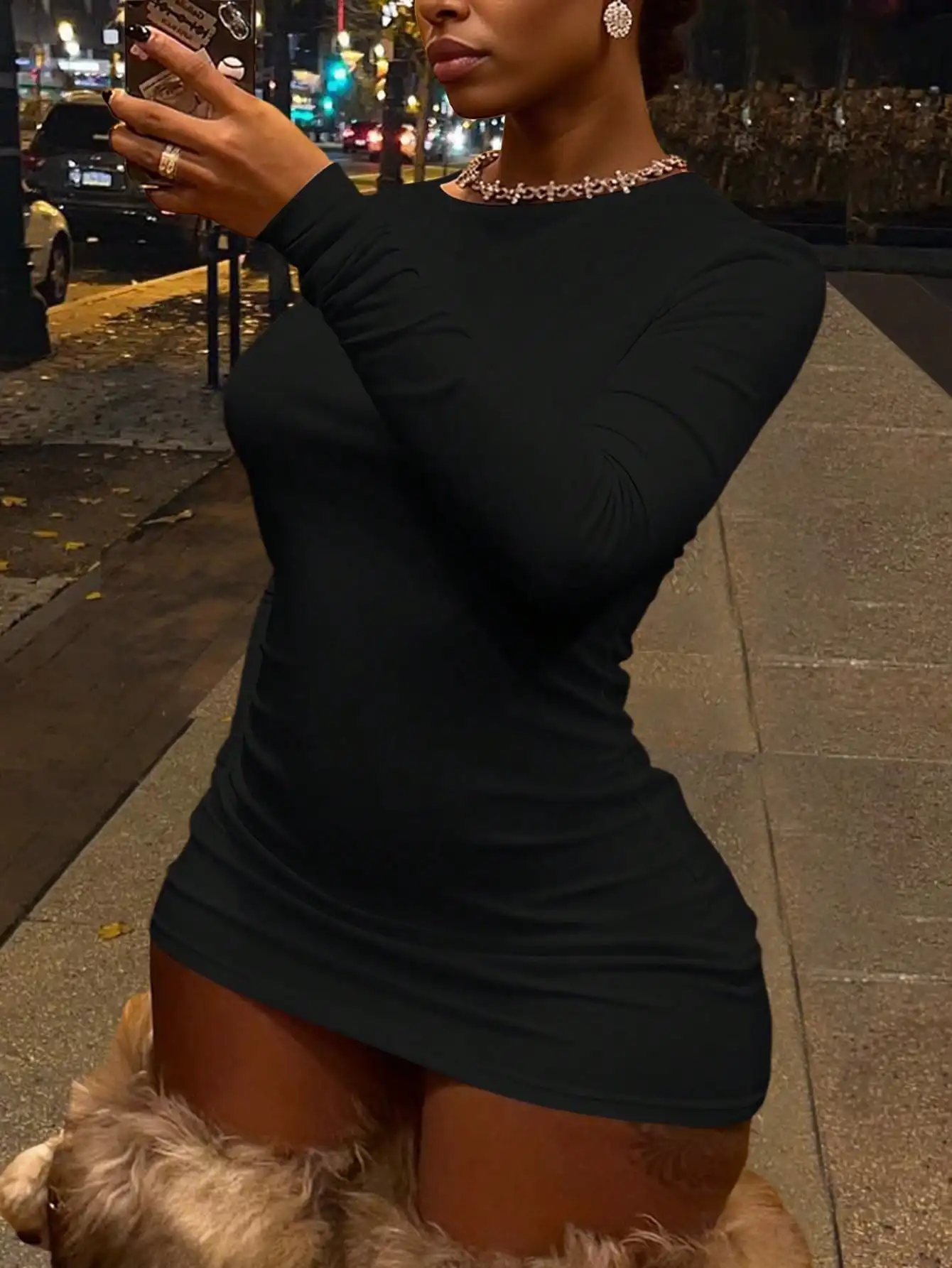 

Women's Fitted Long Sleeve Round Neck Solid Mini Dress for Casual or Night Out