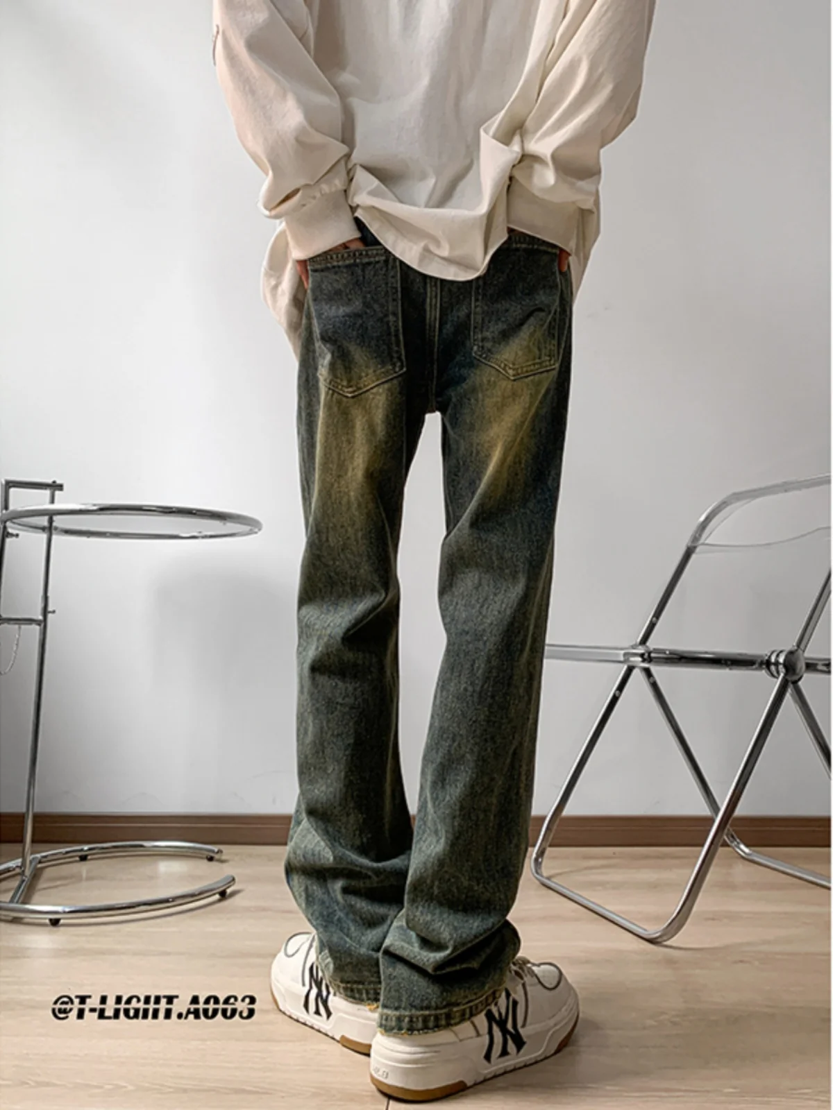 

Men's Straight Leg Jeans Narrow Version American Hiphop High Street Pants Spring Autumn Weathered Yellow Mud Slim Micro Flare...