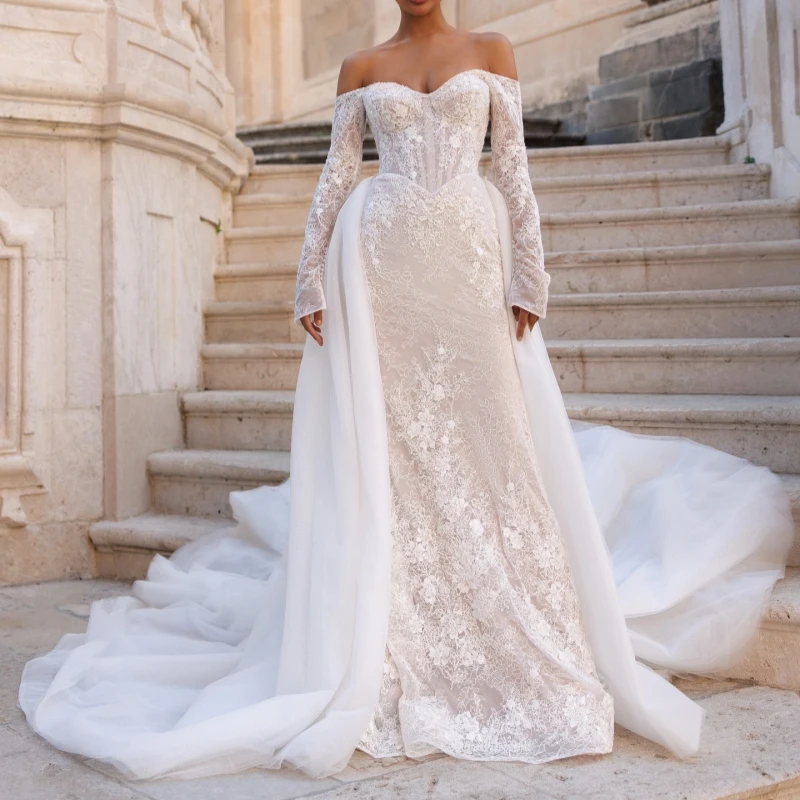 Luxus Champagner Dubai Arabisch Meerjungfrau Brautkleider Applique Spitze Gericht Zug Brautkleid Brautkleider vestidos de