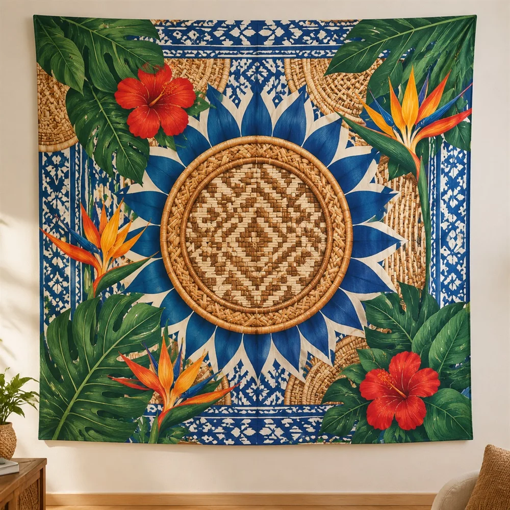 VIKAMA Rattan Weave Pattern Center Panel Tapestry Wall Hanging, Tropical Wall Decor Tapestries for Bedroom Living Room Study