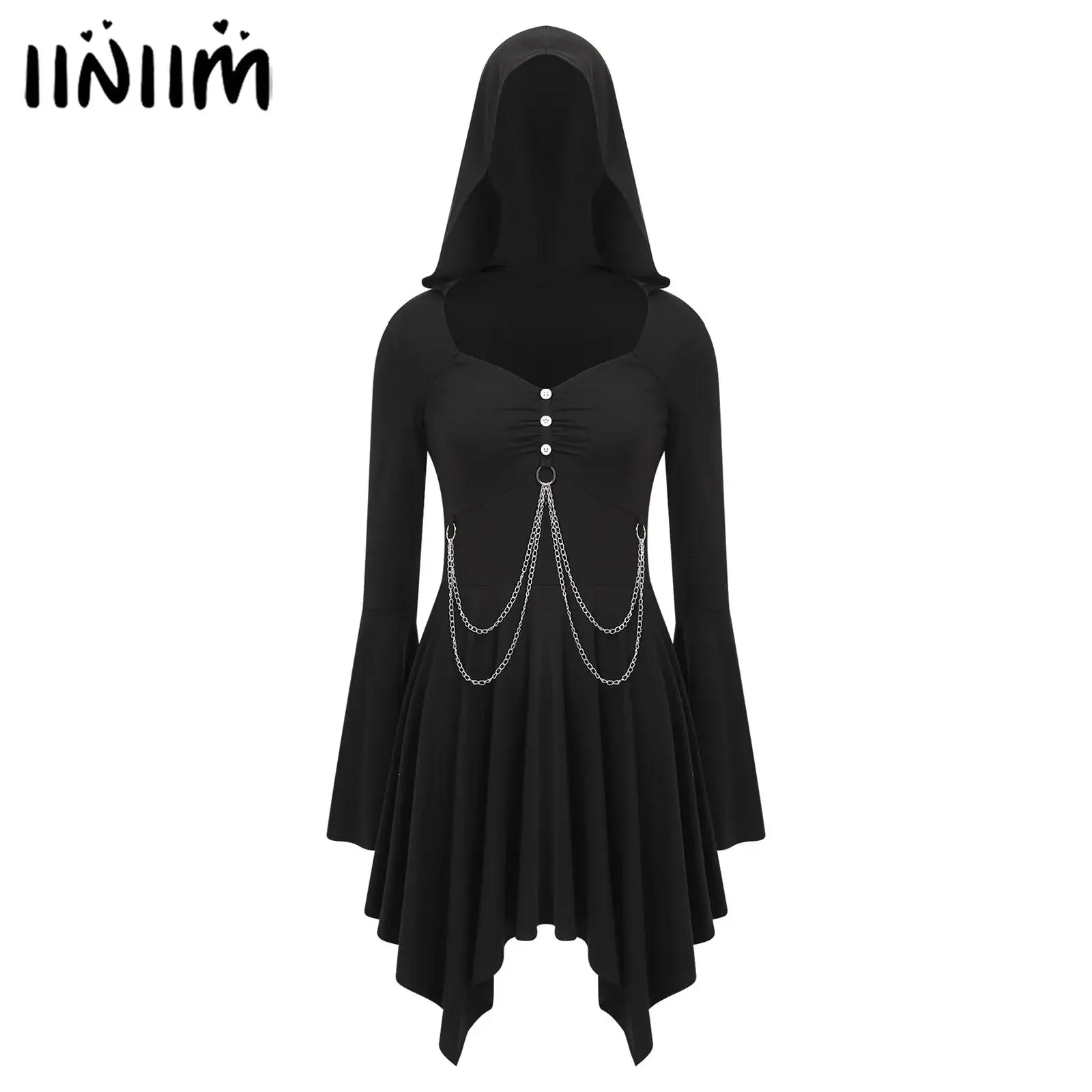 

Womens Halloween Gothic Hooded Dress Renaissance Steampunk Cosplay Costume Metal Chain Flared Cuffs Irregular Hem Punk Dress