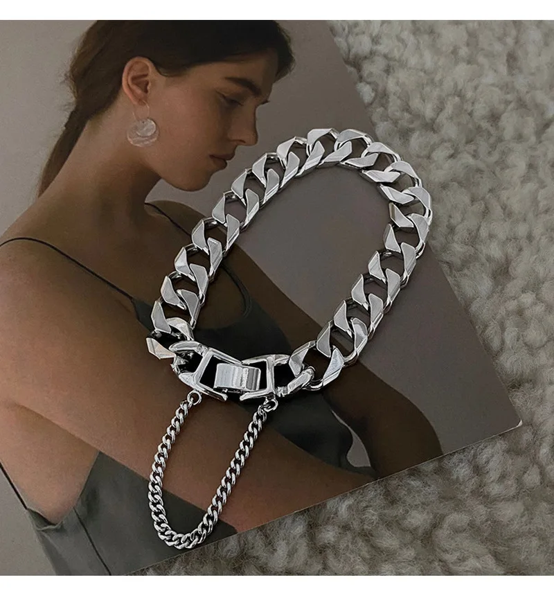 ALLNEWME Cool Silver Color Chunky Cuban Chain Bracelet for Women Man Unisex Wide Curb Link Charm Bracelets Minimalist Jewelry