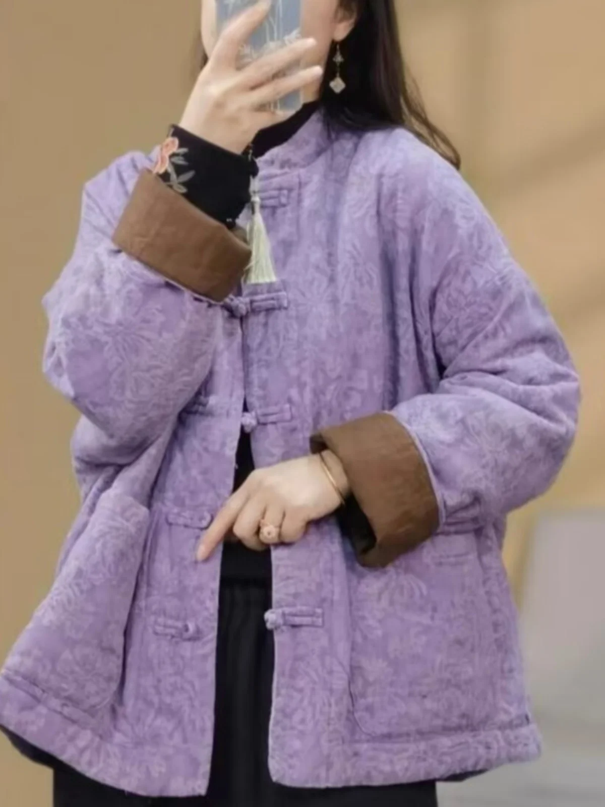 

New Chinese Sle Heavy Embroidery Linen Cotton Jaet Women's Winter Vintage Zen Button Stand Collar Thiened Long Sve Coat