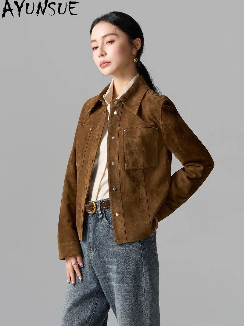 AYUSNUE Womens Sheepskin Genuine Leather Jacket 2026 Autumn New Retro Brown Luxury Short Leather Jacket Ladies Autumn Clothes