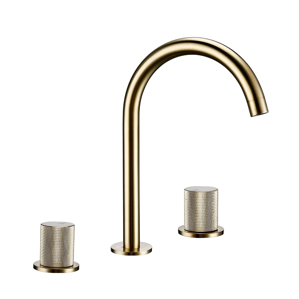 

Brushed Gold Basin Faucet Hot And Cold Tap Bathroom Knurling Design Double Handle Desk Mounted Sink Mixer 360 Rotation Spout