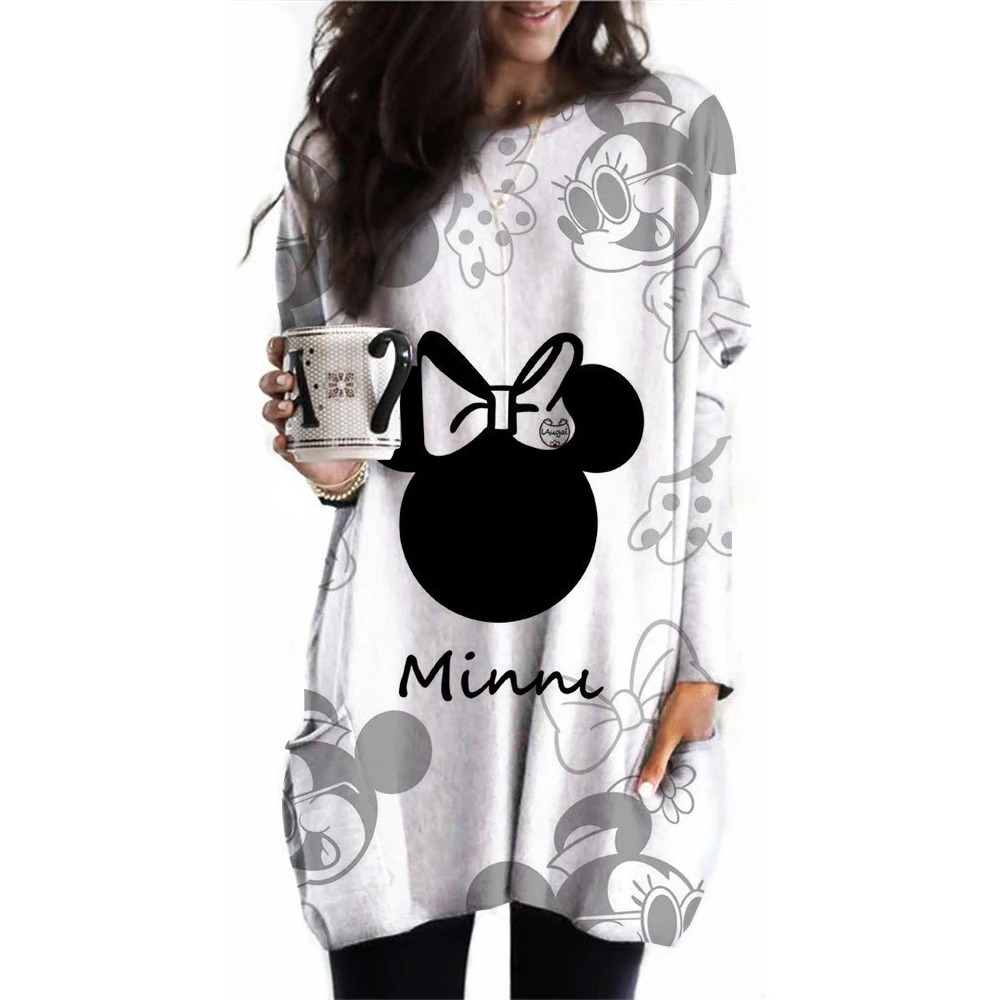 Women\'s Spring and Autumn New S-3XL Large T-shirt Solid Color Long Sleeve Loose Disney\'s Mickey Mouse Casual Harajuku Waist T-sh