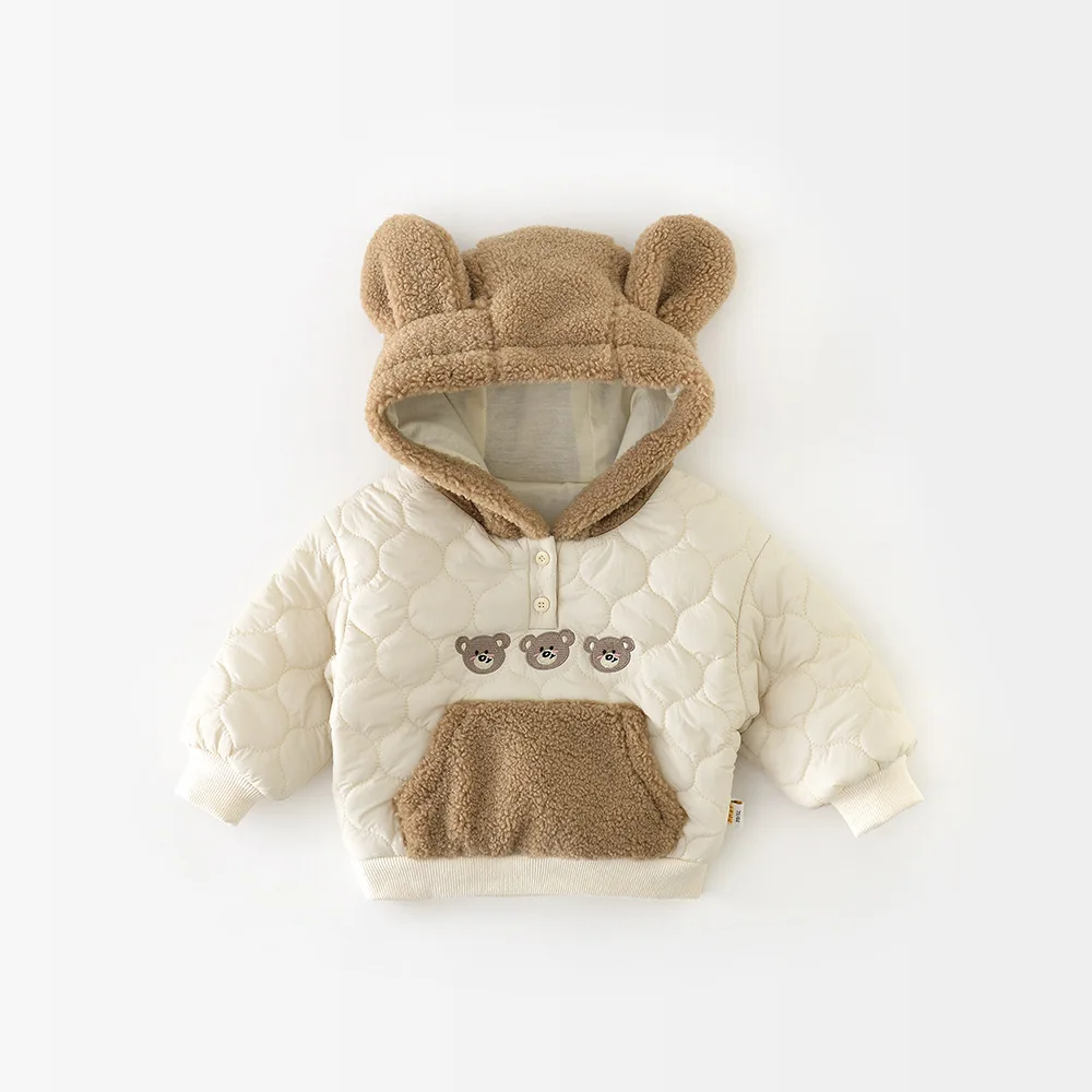 2024 Winter New Baby Boy Girl Cute Bear Hooded Sweatshirt Plus Velvet Thick Infant Versatile Tops Toddler Warm Padded Jacket