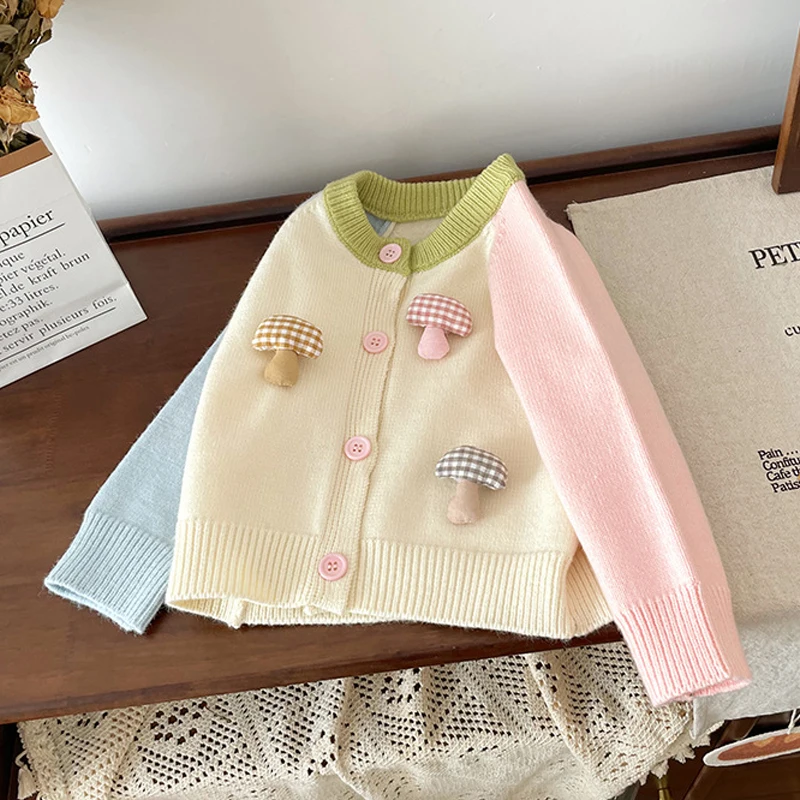 Children's Sweater Cardigan Girls' 3D Mushroom Decoration Thickened Sweater Jacket Autumn Winter Kids Knitted O-neck Top