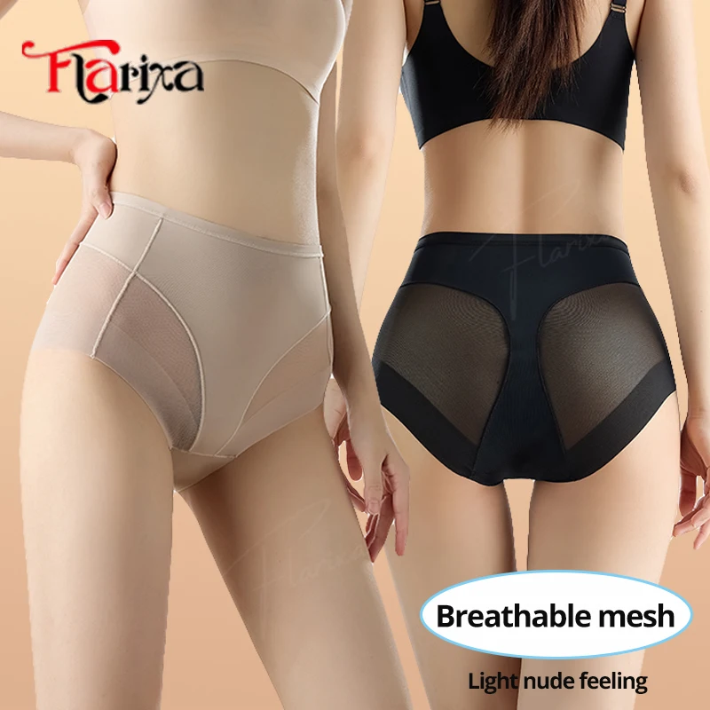 Flarixa Mesh High Waist Panties Women Body Slimming Shaper Briefs Ice Silk Sculpting Underwear Elastic Lace Female Lingerie