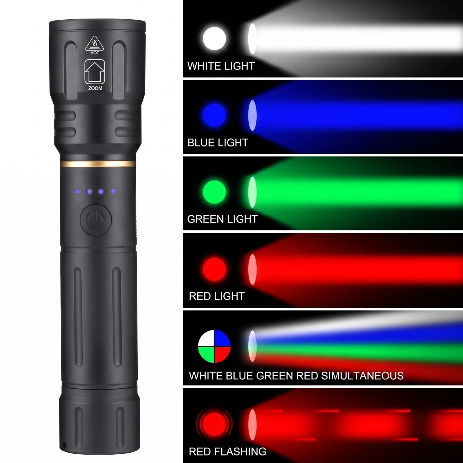 Alonefire High Power RGB LED Beam Light Zoom Flashlight Rechargeable Emergency Torch Outdoor Camping Hiking Hunting Fishing Lamp