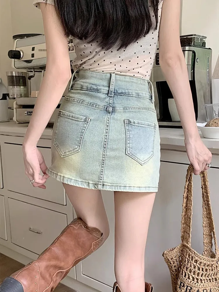 

Retro Waed Denim Skirt High Waist Women's plus Size Anti-Light Wrap around Skirt Autumn Faion Small Stature