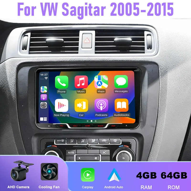 

9" 4+64GB Car Radio For VW Sagitar 2005-2015 Android 15 Auto Support Wireless Apple Carplay 2DIN FM BT GPS Stereo QLED Screen