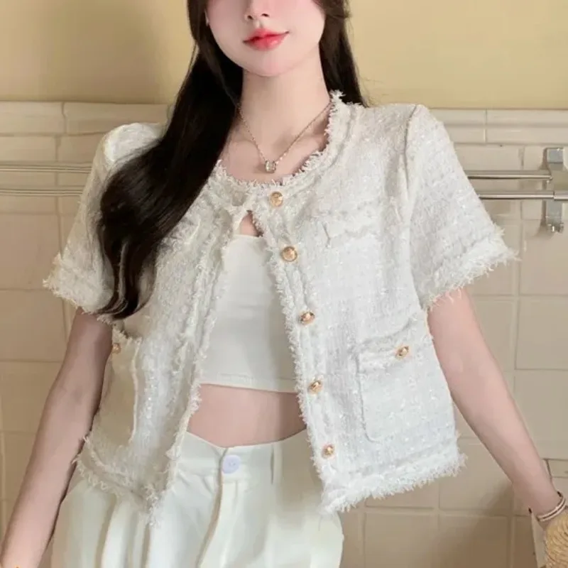 Women's White Tweed Short Sleeve Jacket with Frayed Edges - Elegant Gold Button Crop Blazer for Summer