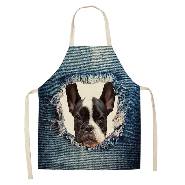 1Pcs Bulldog Dachshund Kitchen Aprons Unisex Dinner Party Cooking Waist Bib Cotton Linen Pinafore Cleaning Tools 55x68cm