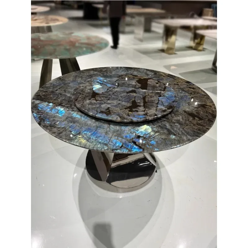 Sapphire blue jadeite luxury stone dining table natural marble round table household modern light luxury high-end dining table