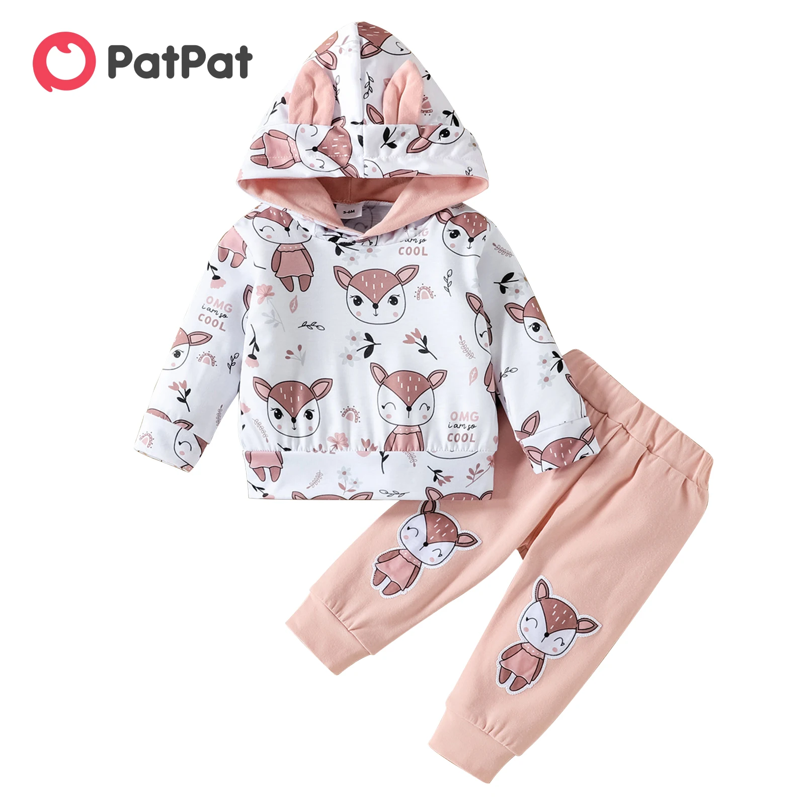 PatPat 2pcs Baby Girl 95% Cotton Animal Print Sweatpants and Long-sleeve Hoodie Set