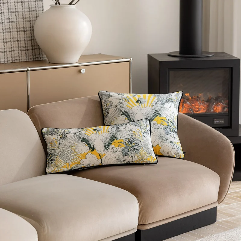 Luxury Oriental Crane Print Throw Pillow Cover  Vibrant Yellow & White Velvet Cushion Case with Contrast Piping for Modern Home