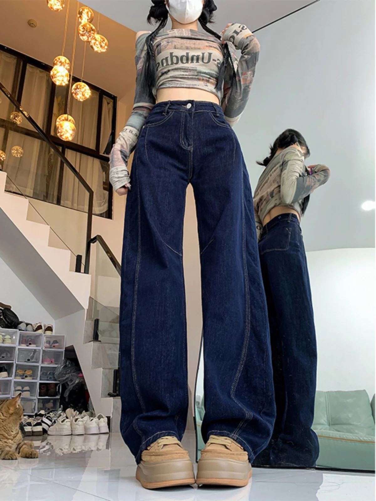 プラスサイズ カジュアル ハイウエスト ワイドレッグジーンズ レディース ブーツカットデザイン ゆったり ルーズフィット デニムパンツ 秋新作 スタイル アメリカンスタイル