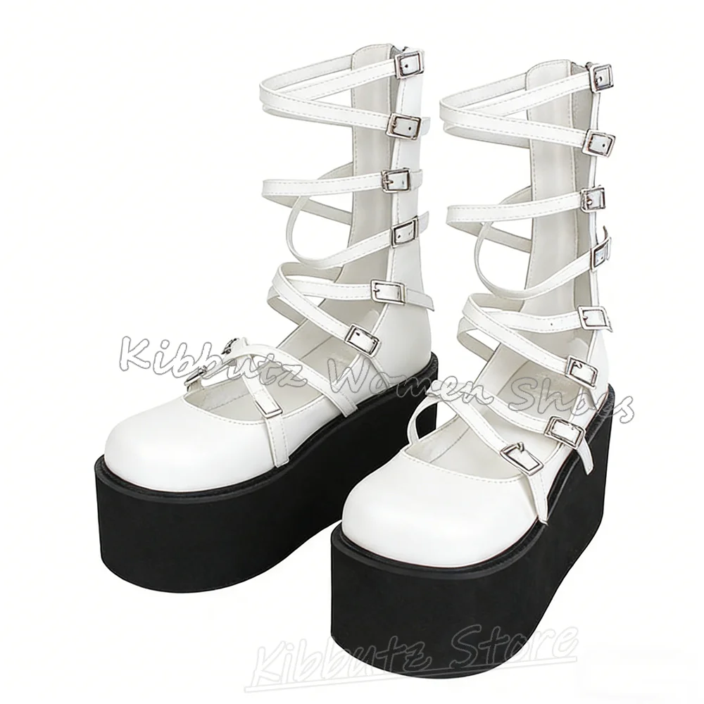 Mary Jane Sweet Pumps Platform Leather Mixed Color Belt Buckle Women Shoes Round Toe Thick Bottom Fashion Luxury Elegant Concise