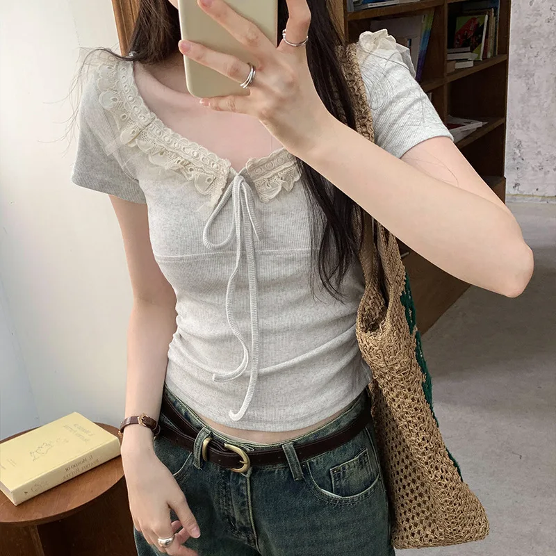 

Desire Square Neck Lace Trim Tie Short Sleeve-Shirt Women's 2025 Summer New Waist-Cinching Ruched Slimming Short Top