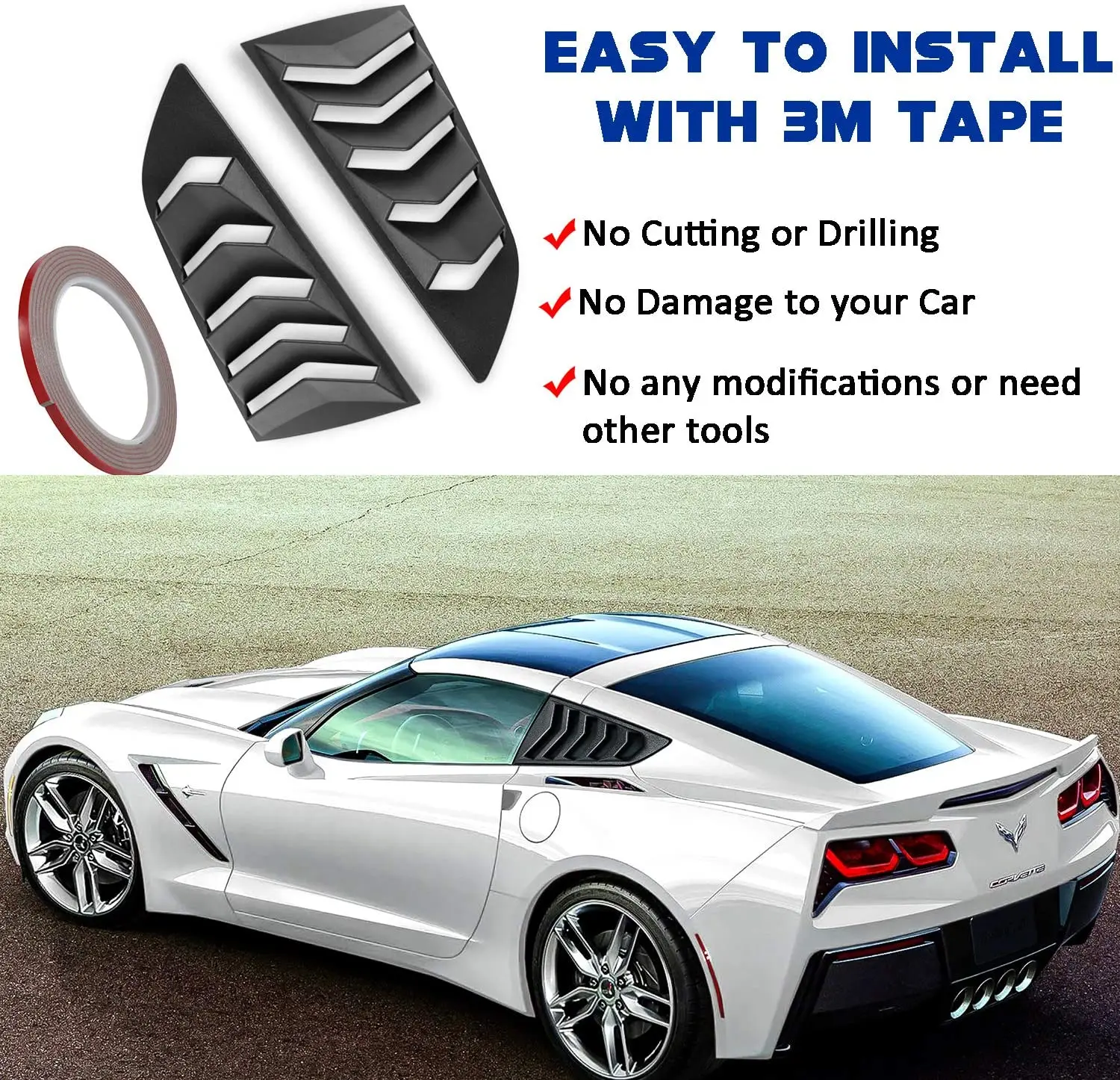 TML Side Window Louver Cover Sun Shade Vent for 2014-2019 C7 Corvette Sunshade Cover in GT Lambo Style (Matte Black)