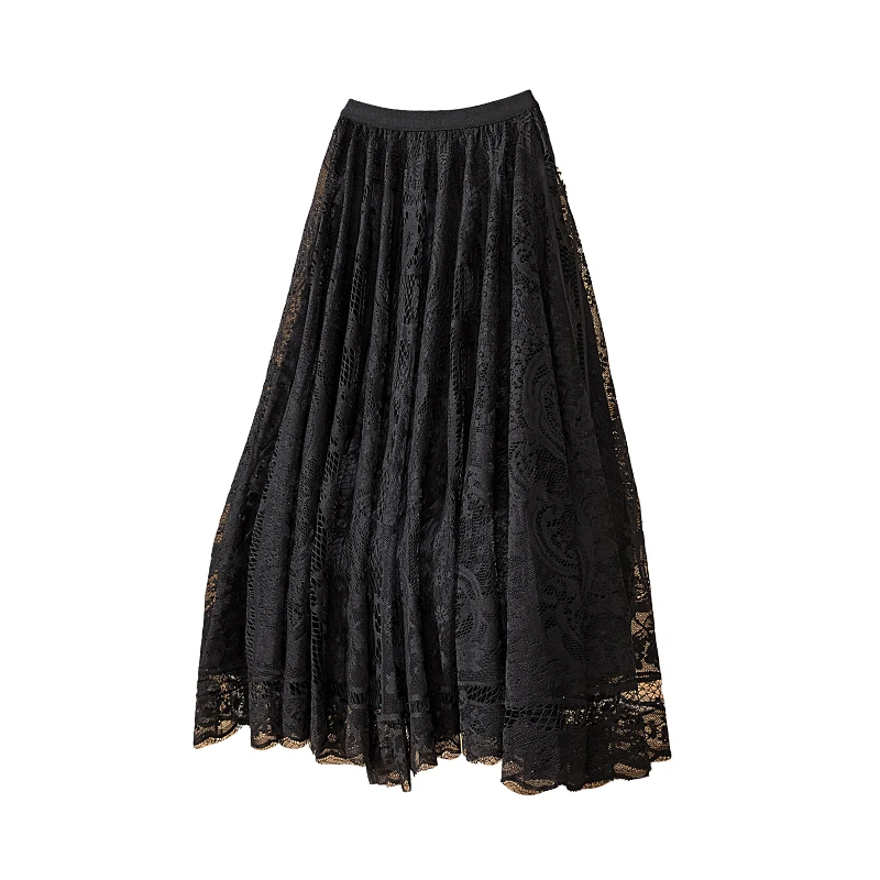 Faionable Großer Retro-Spitzen-Druck, hauchdünner A-Linien-Rock, Sommer, locker, schlankmachend, altersreduzierend, hohe Taille, Polyesterfaser