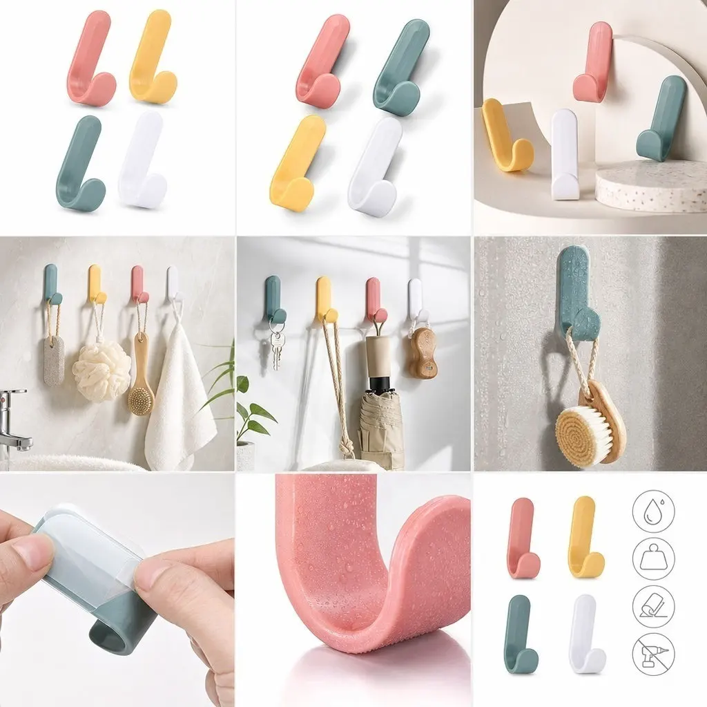 16Pcs Self-Adhesive Kitchen Hooks – Strong Load-Bearing Plastic Wall Hooks for Bathroom & Home Organization
