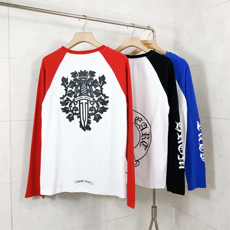 Loose Fit Cotton Long Sleeve T-Shirt Shoulder Insert Design Horned Cuff Basic Top Trendy Red White Blue for Autumn Season